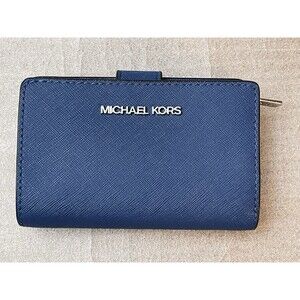 Michael Kors Galaxy Blue Saffiano Leather Bifold Wallet Zip Coin ID Card